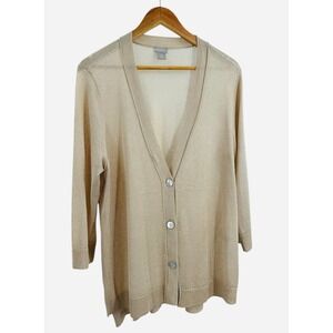 Chicos Women XL Beige Metallic Knit Open Front Cardigan‎ 3/4 Sleeve